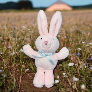 HTF hallmark squeaky pink bunny plush 7” blue bow Embroidered Eyes